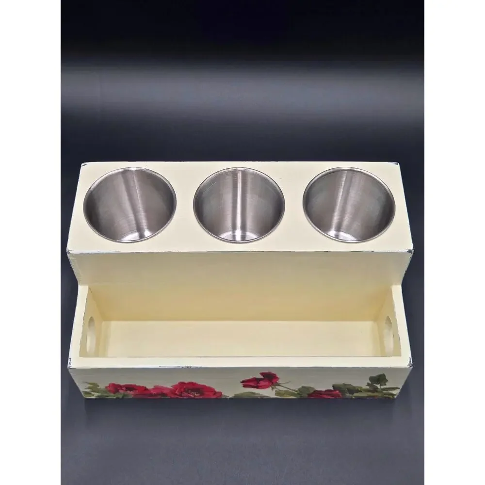 Cream Floral Wooden Desk Organizer – 3 Metal Cups & Front Storage Slot